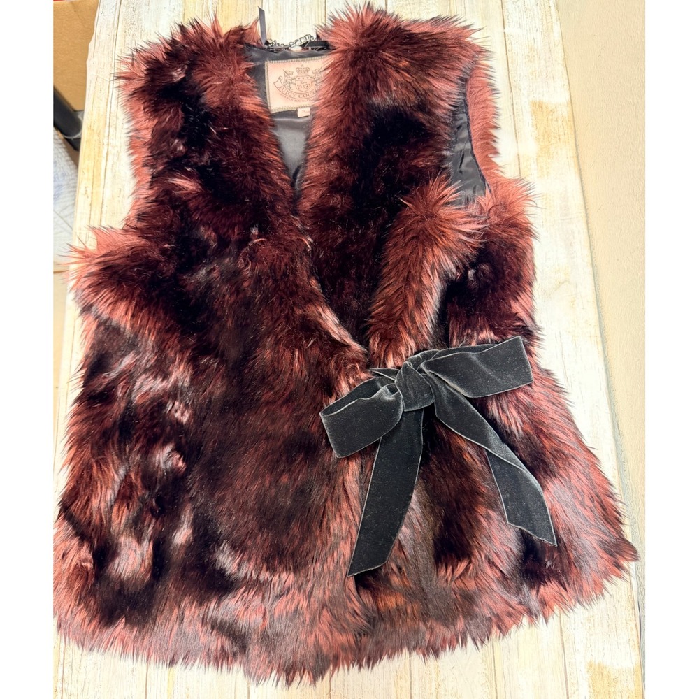Juicy Couture Burgundy Faux Fur Vest Black Velvet Bow Size Small Y2K. EUC